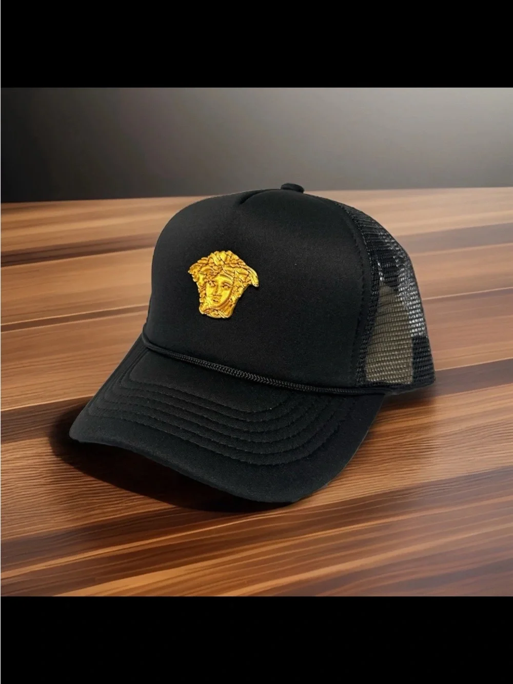 Black Trucker Cap with Gold Medusa Emblem - Men Grooming Accessory new